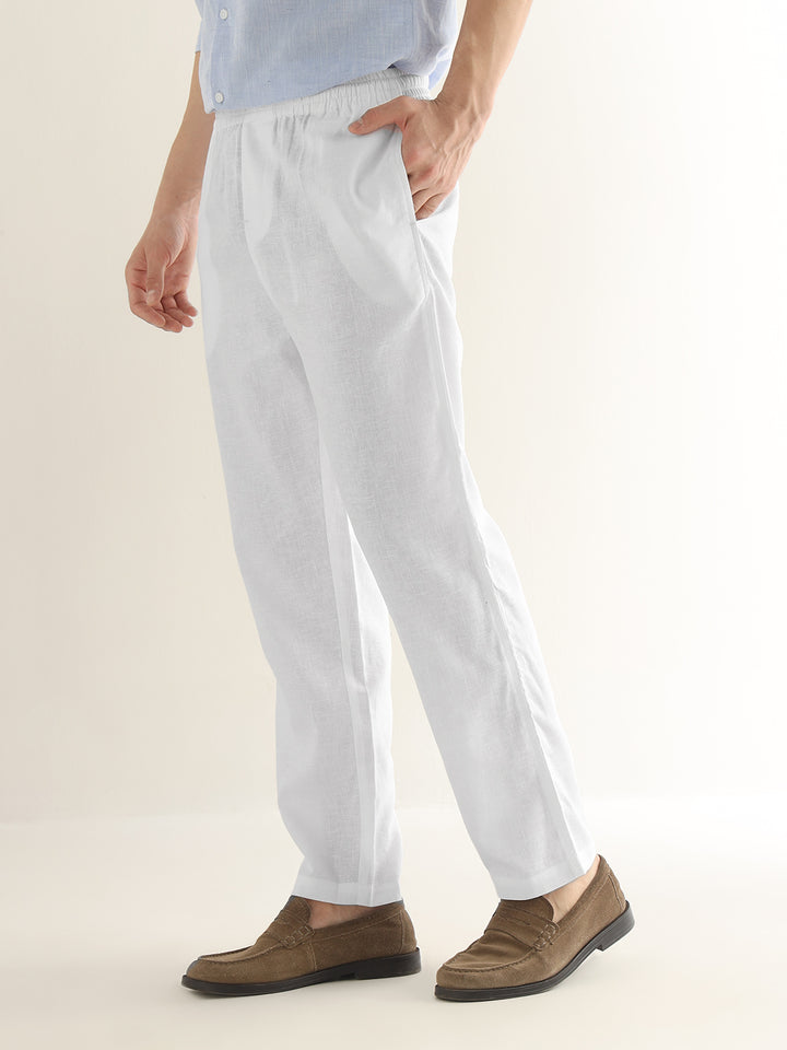 Hancock Men White Solid Linen Cotton Slim Fit Formal Trouser