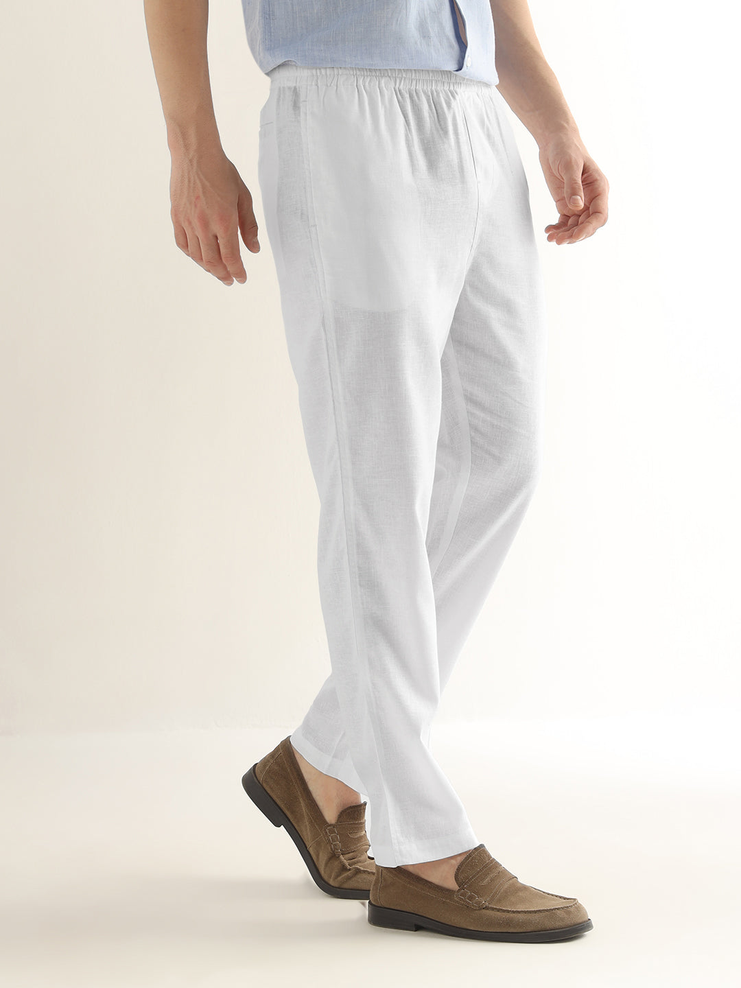 Hancock Men White Solid Linen Cotton Slim Fit Formal Trouser