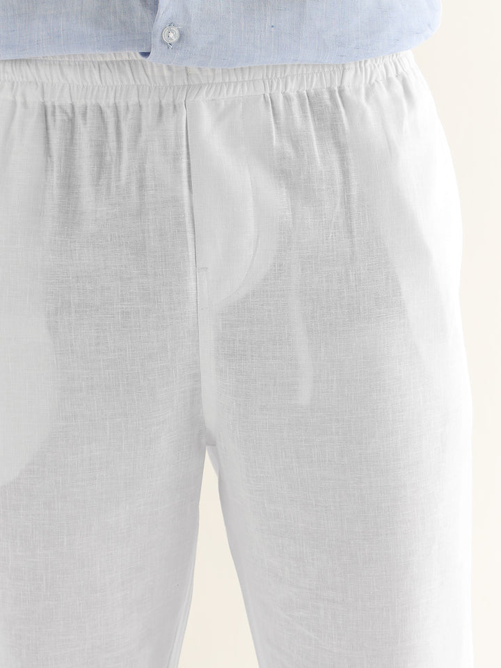 Hancock Men White Solid Linen Cotton Slim Fit Formal Trouser