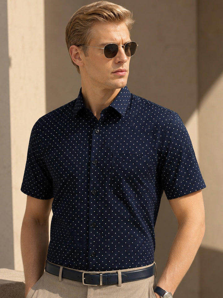 Men Navy & White Print Pure Cotton Slim fit Party Shirt