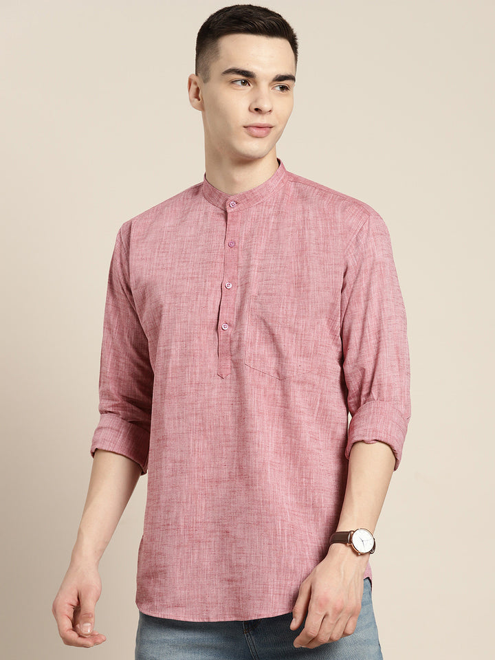 Hancock Men Red-Pink Solid Pure Cotton Slim Fit Casual Kurta