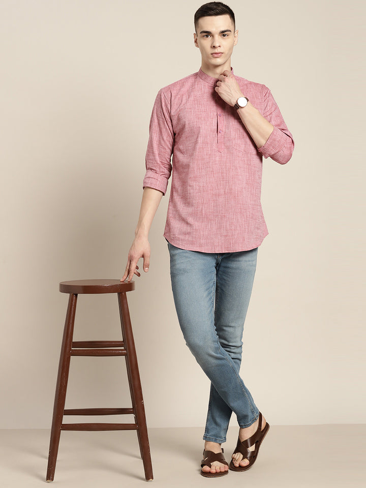 Hancock Men Red-Pink Solid Pure Cotton Slim Fit Casual Kurta