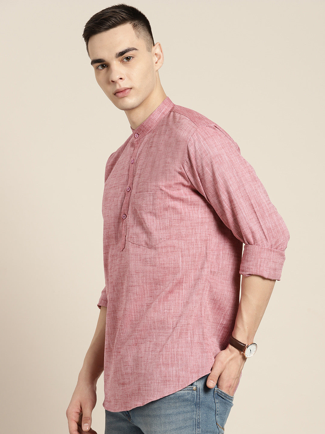 Hancock Men Red-Pink Solid Pure Cotton Slim Fit Casual Kurta