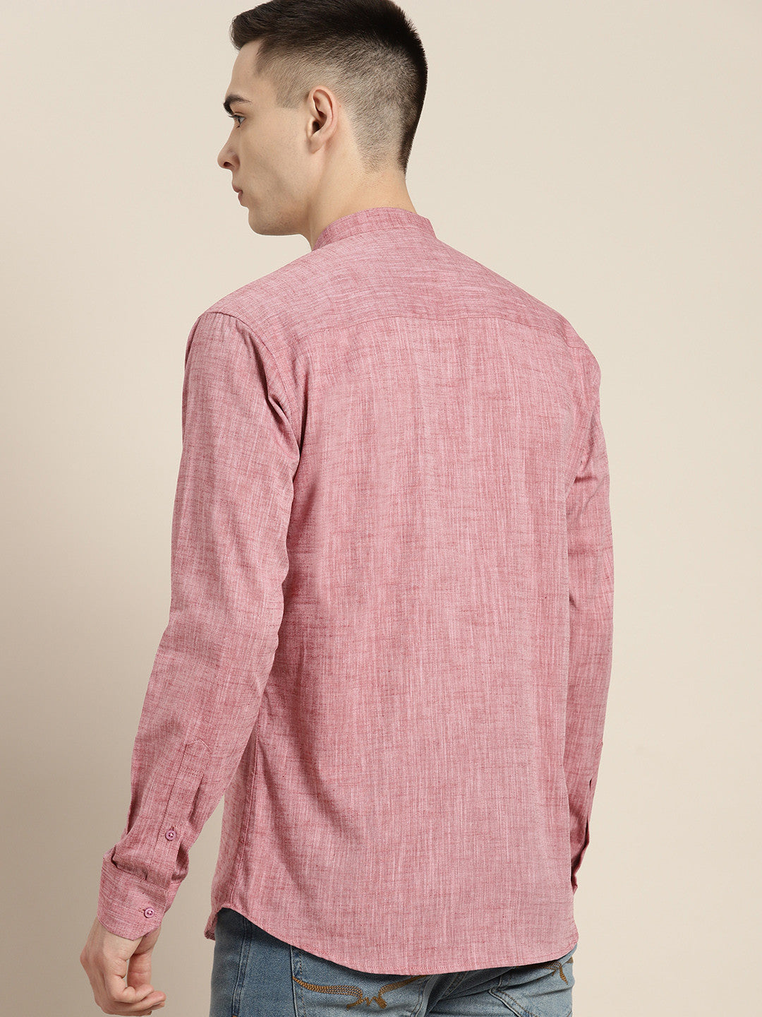 Hancock Men Red-Pink Solid Pure Cotton Slim Fit Casual Kurta