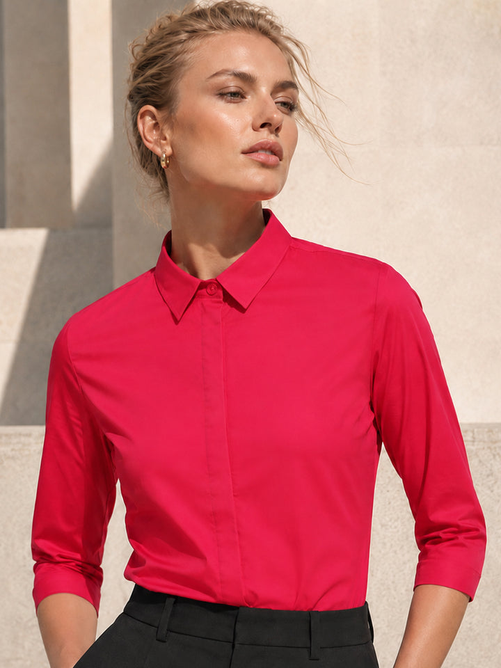 Women Red Pure Cotton Solid Slim Fit Formal Shirt