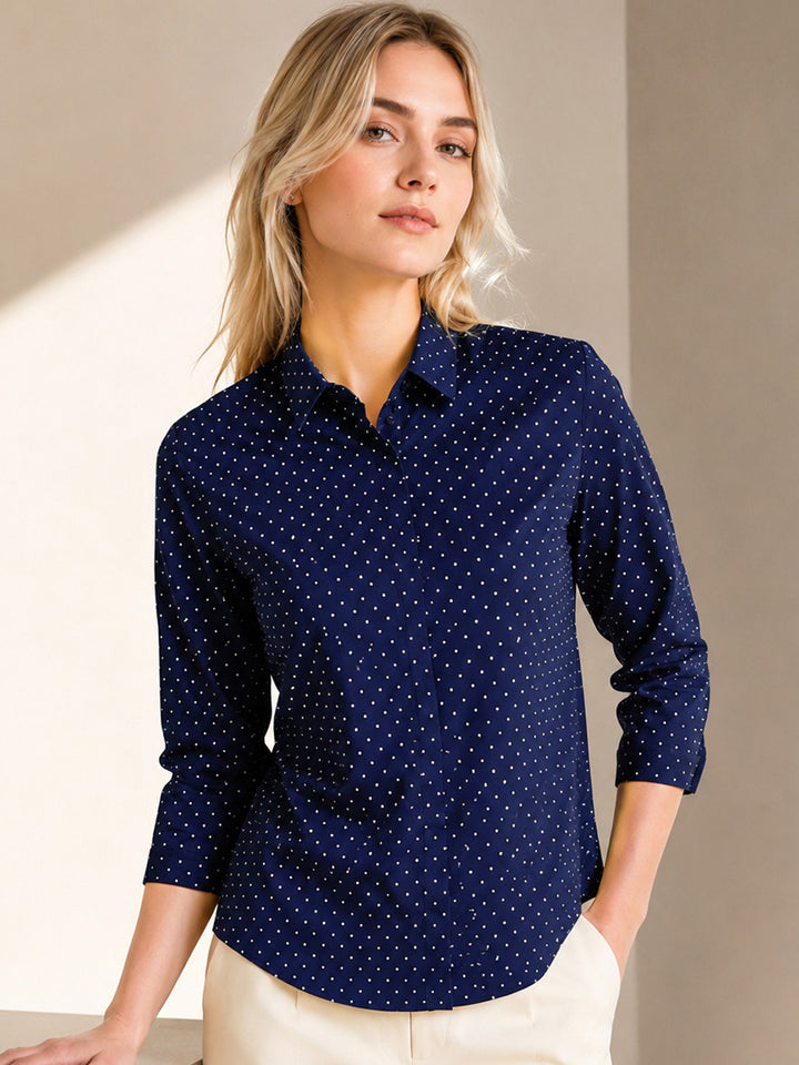 Women Navy Pure Cotton Polka Dot Printed Slim Fit Formal Shirt