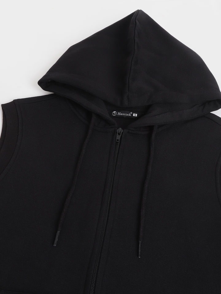 Women Black Solid Sleeveless Front Open Full Zipper Hooded Sweatshirt