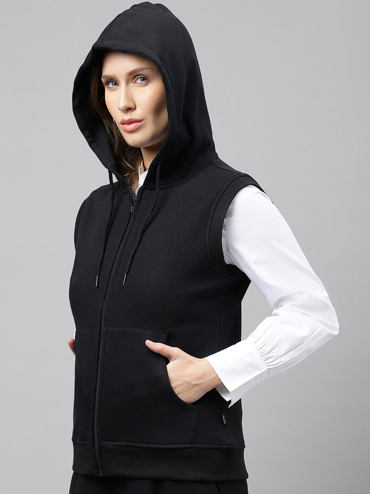 Women Black Solid Sleeveless Front Open Full Zipper Hooded Sweatshirt