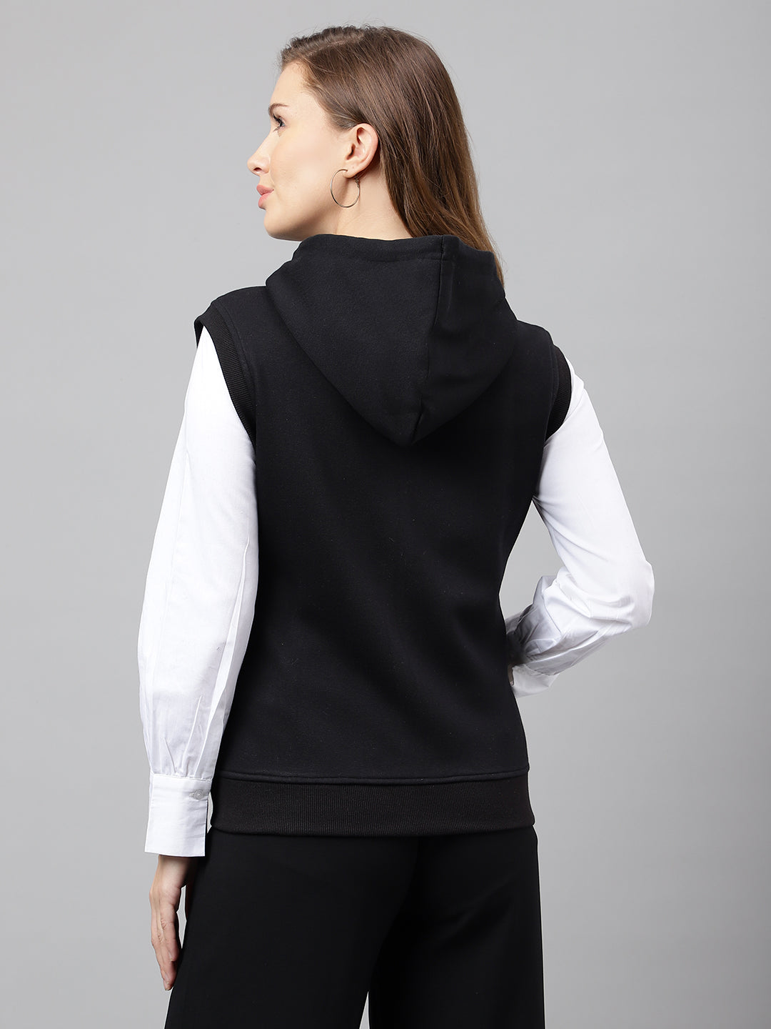 Women Black Solid Sleeveless Front Open Full Zipper Hooded Sweatshirt