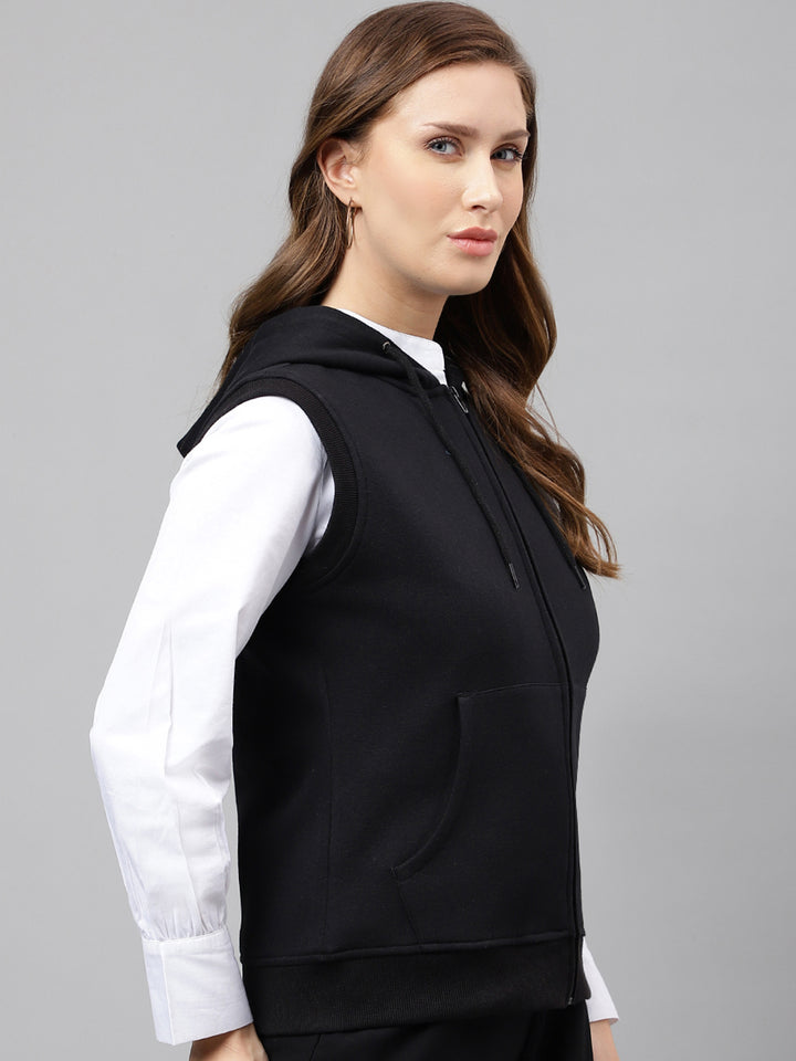 Women Black Solid Sleeveless Front Open Full Zipper Hooded Sweatshirt