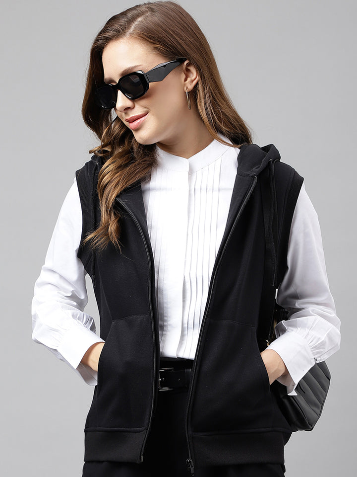 Women Black Solid Sleeveless Front Open Full Zipper Hooded Sweatshirt