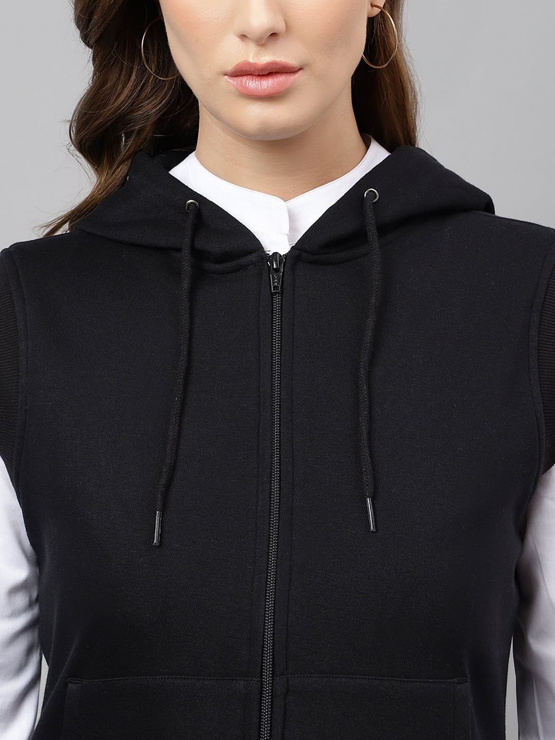 Women Black Solid Sleeveless Front Open Full Zipper Hooded Sweatshirt