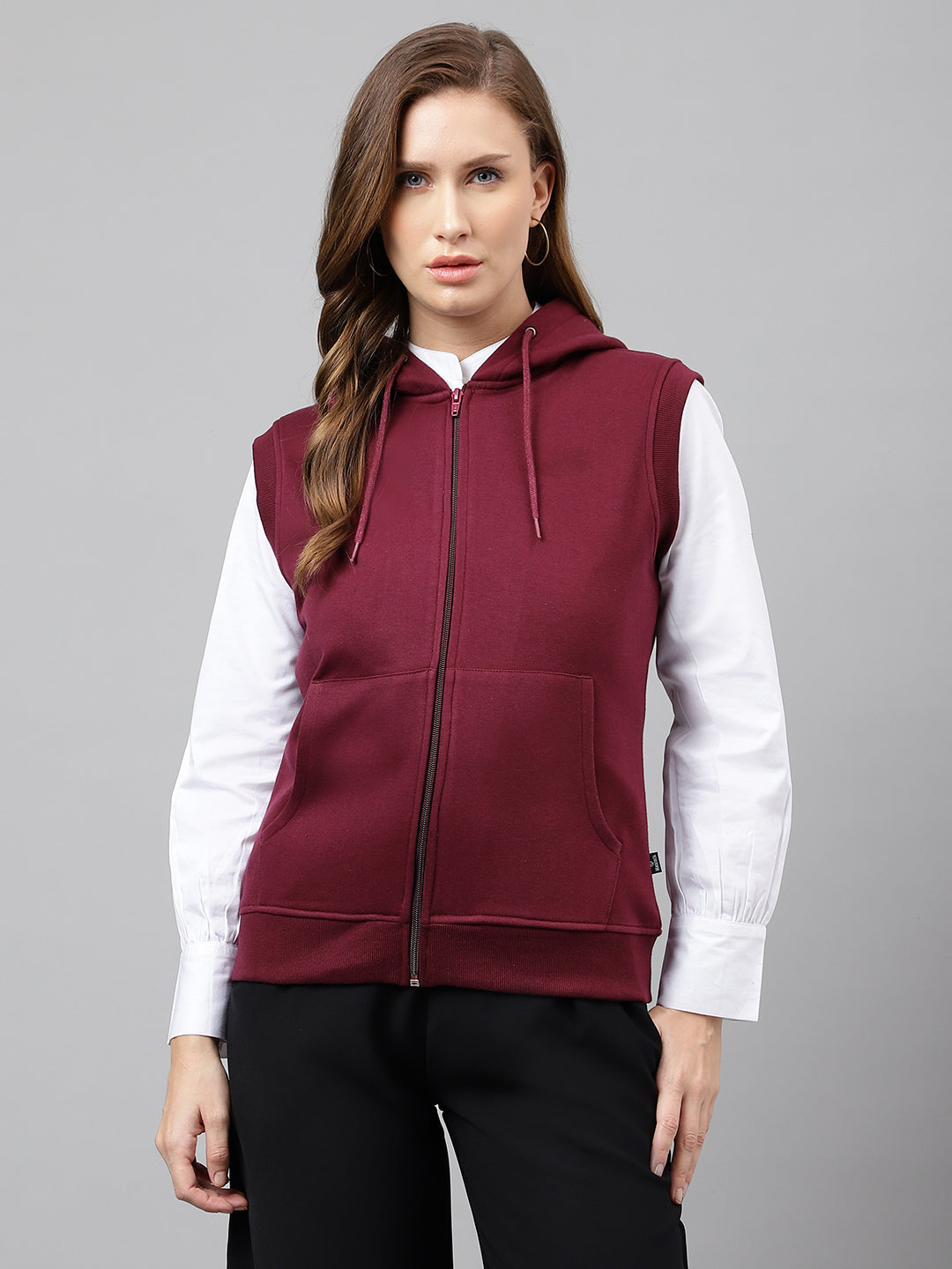 Women Burgundy Solid Sleeveless Front Open Full Zipper Hooded Sweatshirt