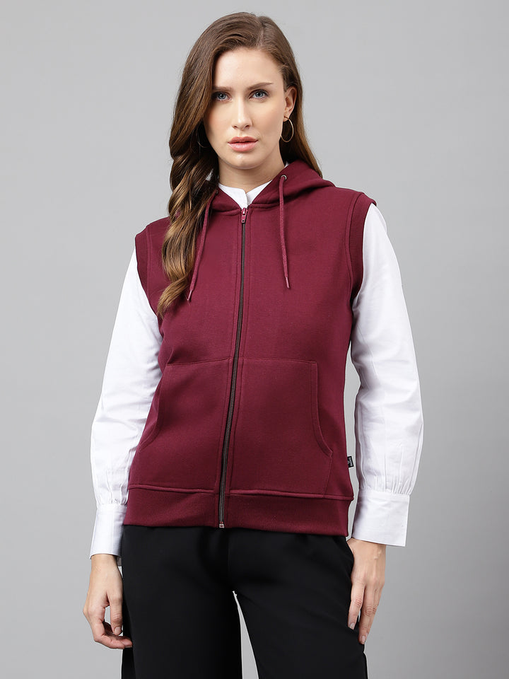 Women Burgundy Solid Sleeveless Front Open Full Zipper Hooded Sweatshirt