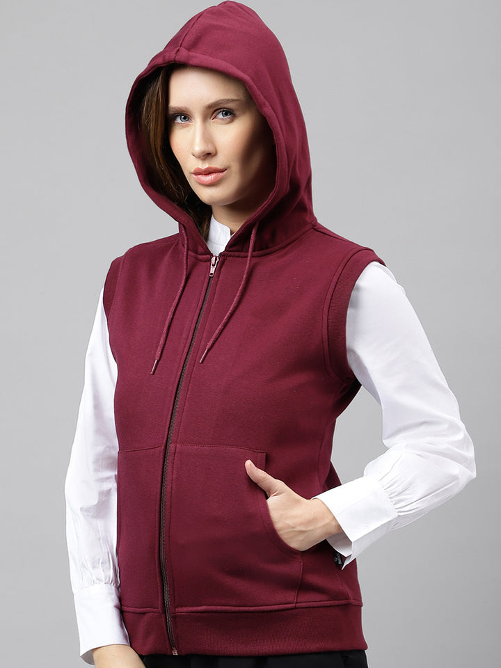 Women Burgundy Solid Sleeveless Front Open Full Zipper Hooded Sweatshirt