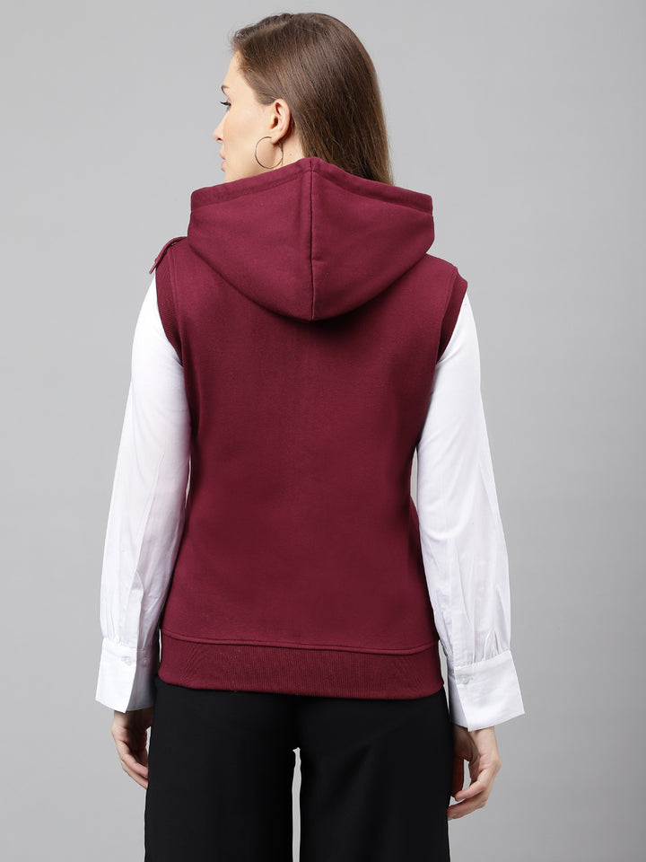 Women Burgundy Solid Sleeveless Front Open Full Zipper Hooded Sweatshirt
