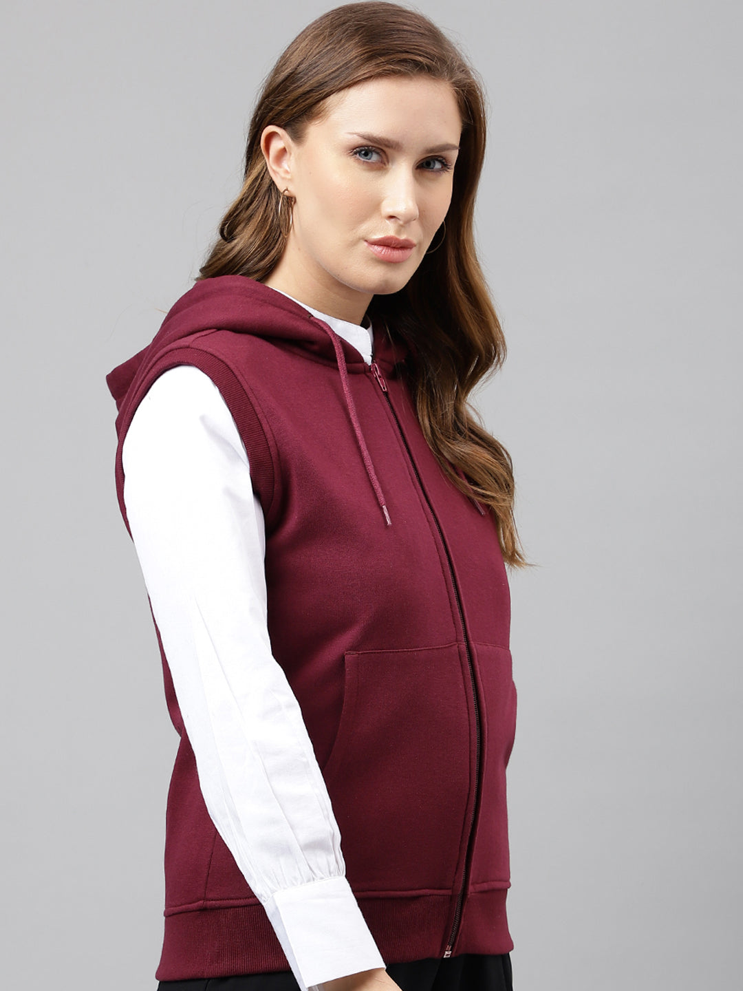 Women Burgundy Solid Sleeveless Front Open Full Zipper Hooded Sweatshirt