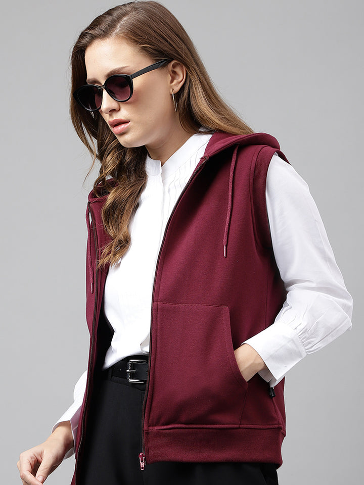 Women Burgundy Solid Sleeveless Front Open Full Zipper Hooded Sweatshirt