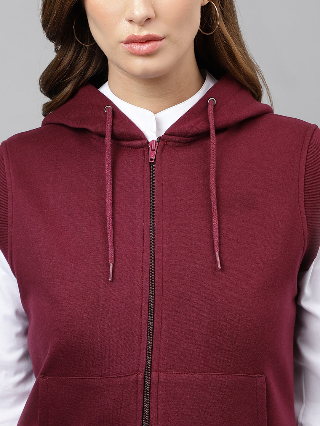 Women Burgundy Solid Sleeveless Front Open Full Zipper Hooded Sweatshirt