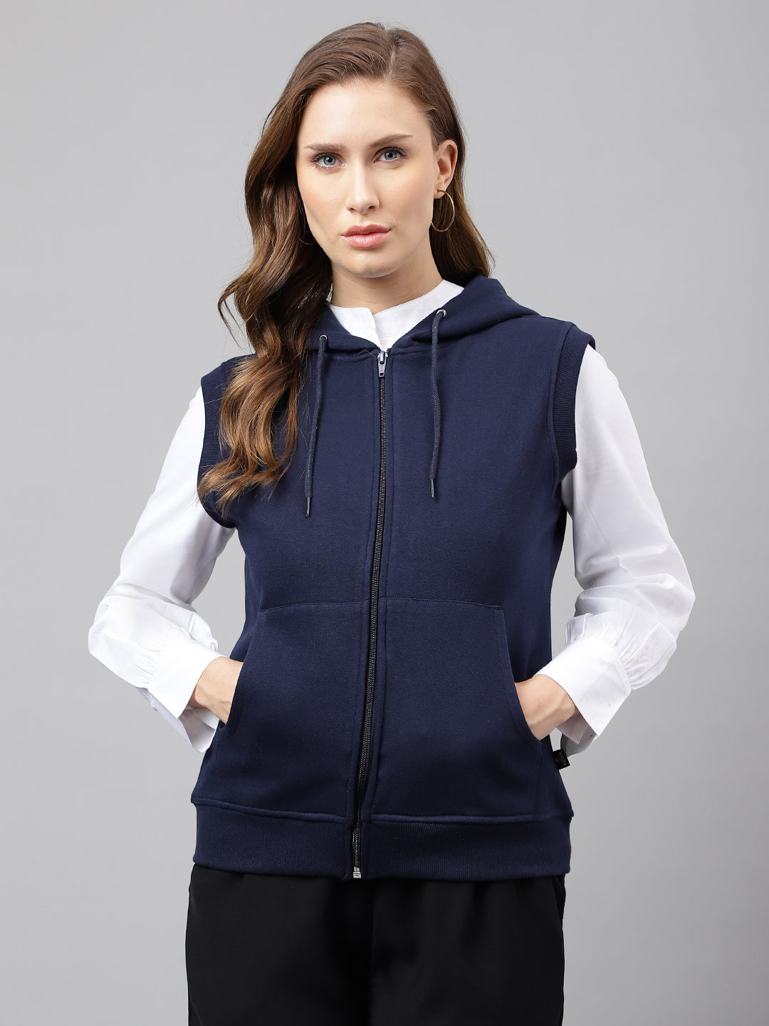 Women Navy Blue Solid Sleeveless Front Open Full Zipper Hooded Sweatshirt