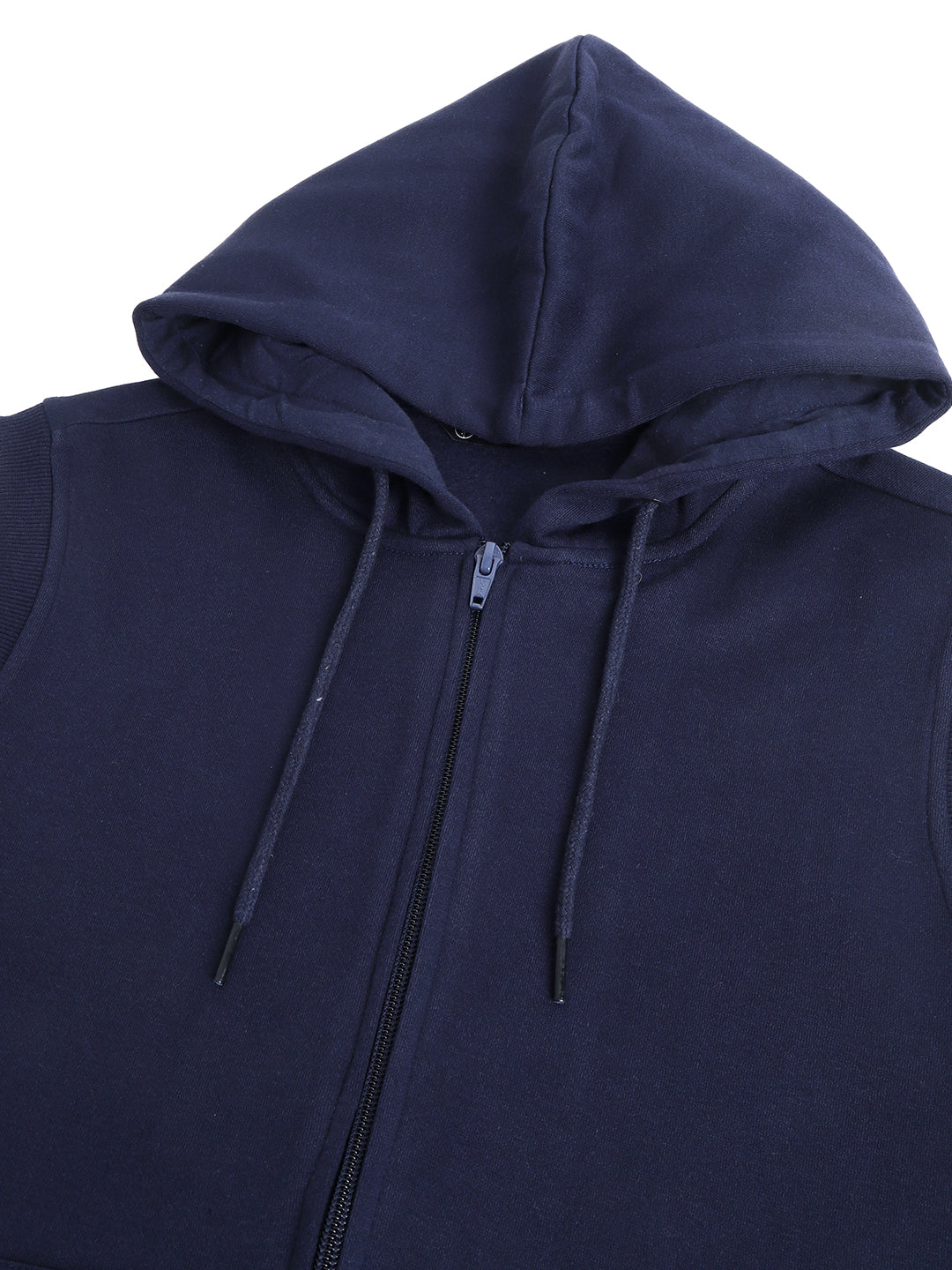Women Navy Blue Solid Sleeveless Front Open Full Zipper Hooded Sweatshirt