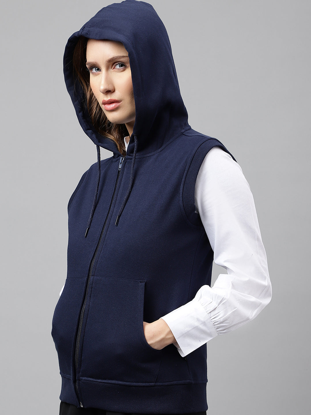 Women Navy Blue Solid Sleeveless Front Open Full Zipper Hooded Sweatshirt