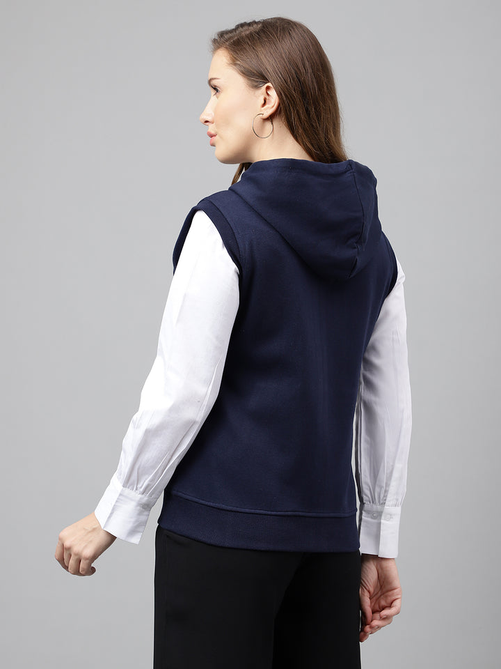 Women Navy Blue Solid Sleeveless Front Open Full Zipper Hooded Sweatshirt