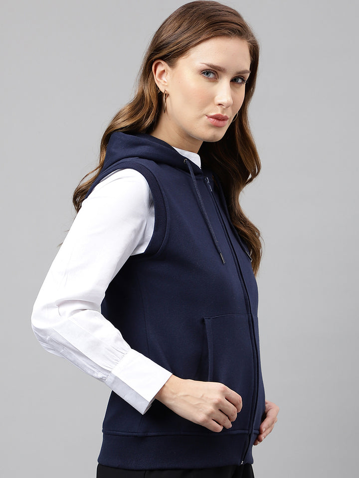 Women Navy Blue Solid Sleeveless Front Open Full Zipper Hooded Sweatshirt