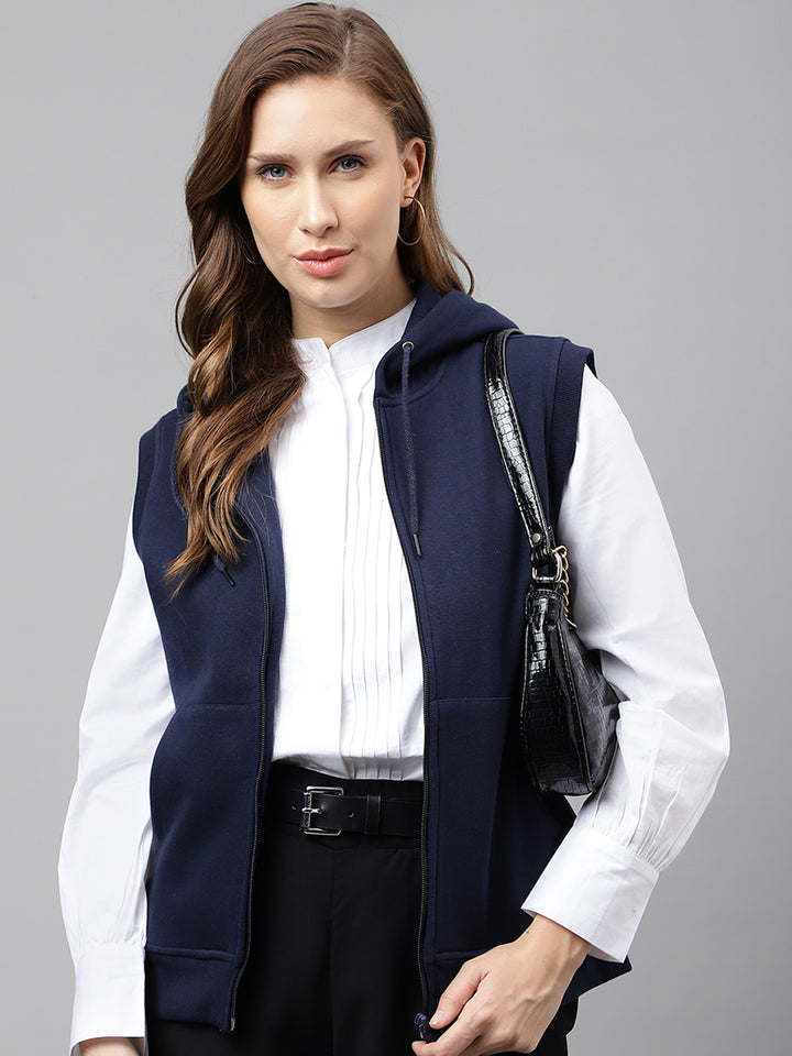 Women Navy Blue Solid Sleeveless Front Open Full Zipper Hooded Sweatshirt