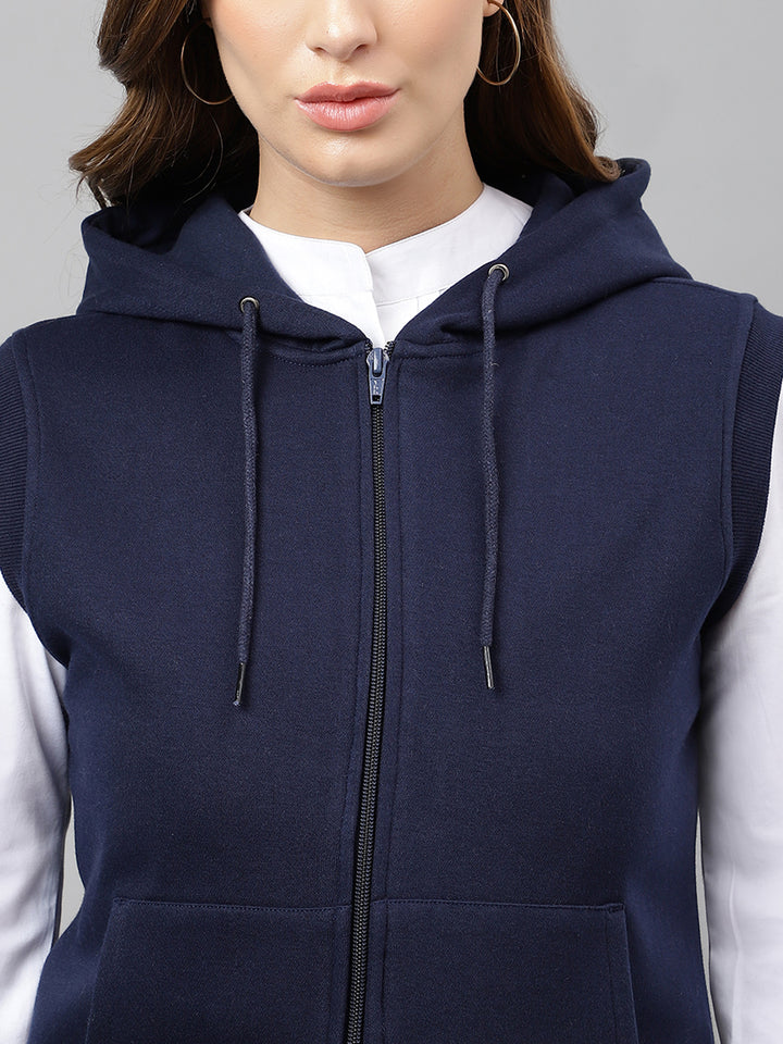 Women Navy Blue Solid Sleeveless Front Open Full Zipper Hooded Sweatshirt