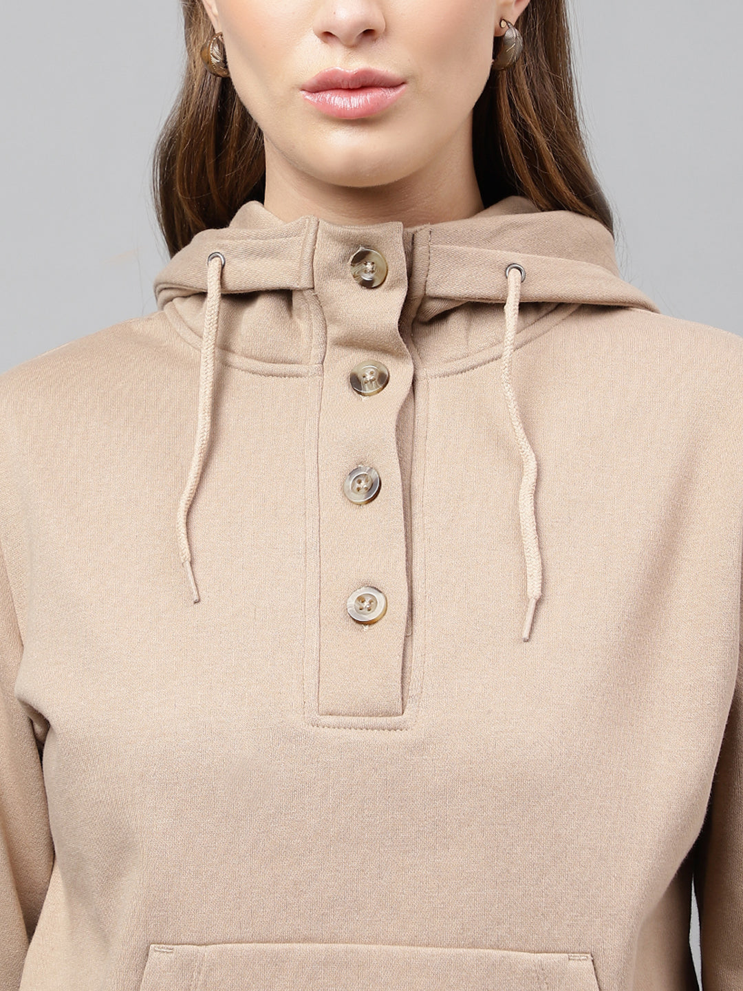 Women Beige Solid Button Closure Regular Fit Hooded Sweatshirt