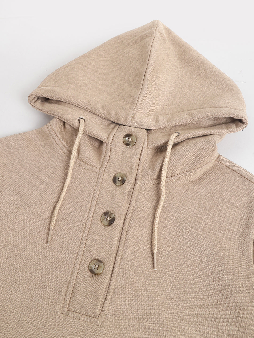 Women Beige Solid Button Closure Regular Fit Hooded Sweatshirt