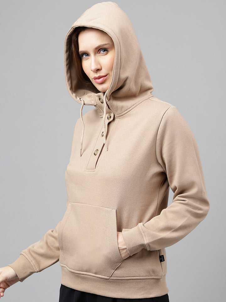 Women Beige Solid Button Closure Regular Fit Hooded Sweatshirt