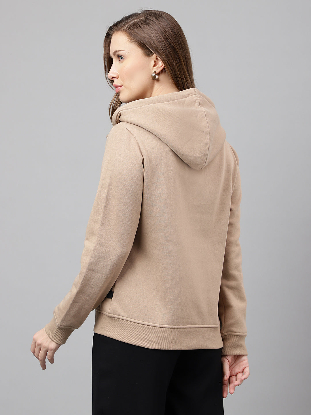 Women Beige Solid Button Closure Regular Fit Hooded Sweatshirt