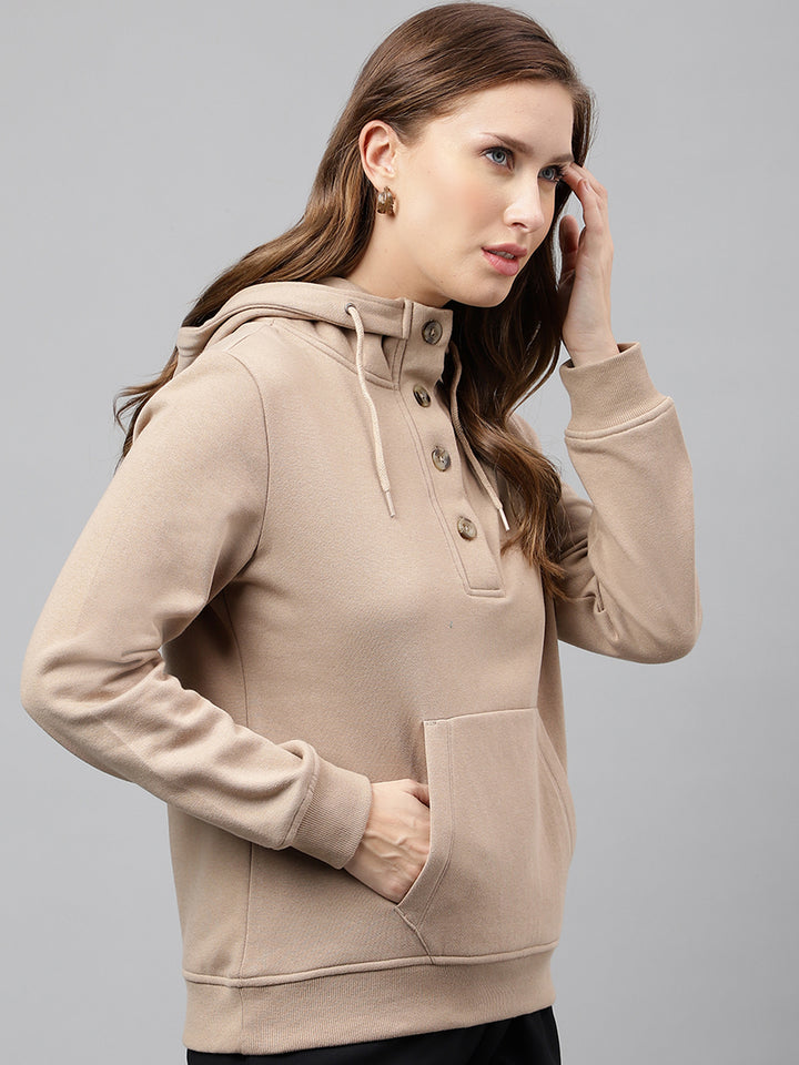 Women Beige Solid Button Closure Regular Fit Hooded Sweatshirt