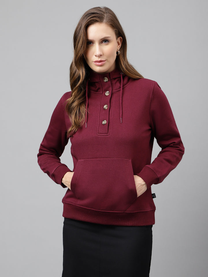 Women Burgundy Solid Button Closure Regular Fit Hooded Sweatshirt