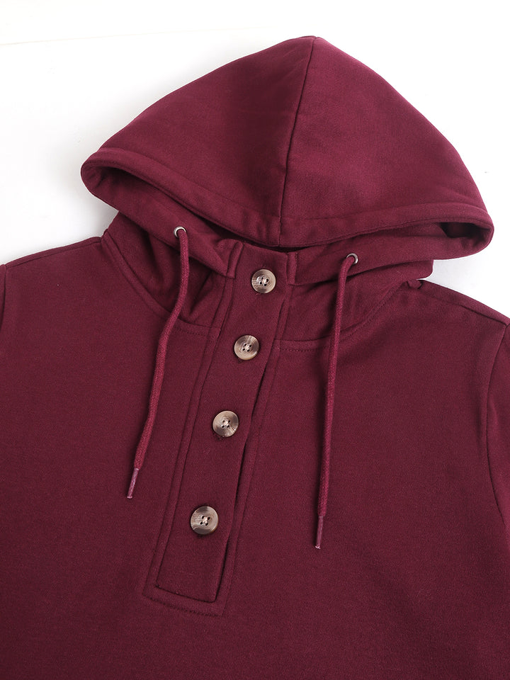 Women Burgundy Solid Button Closure Regular Fit Hooded Sweatshirt