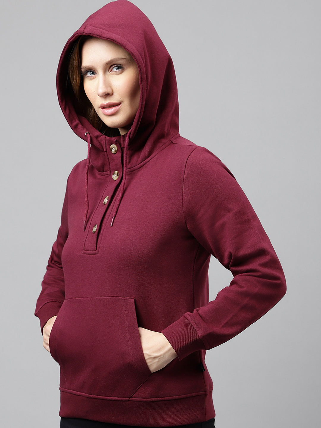 Women Burgundy Solid Button Closure Regular Fit Hooded Sweatshirt