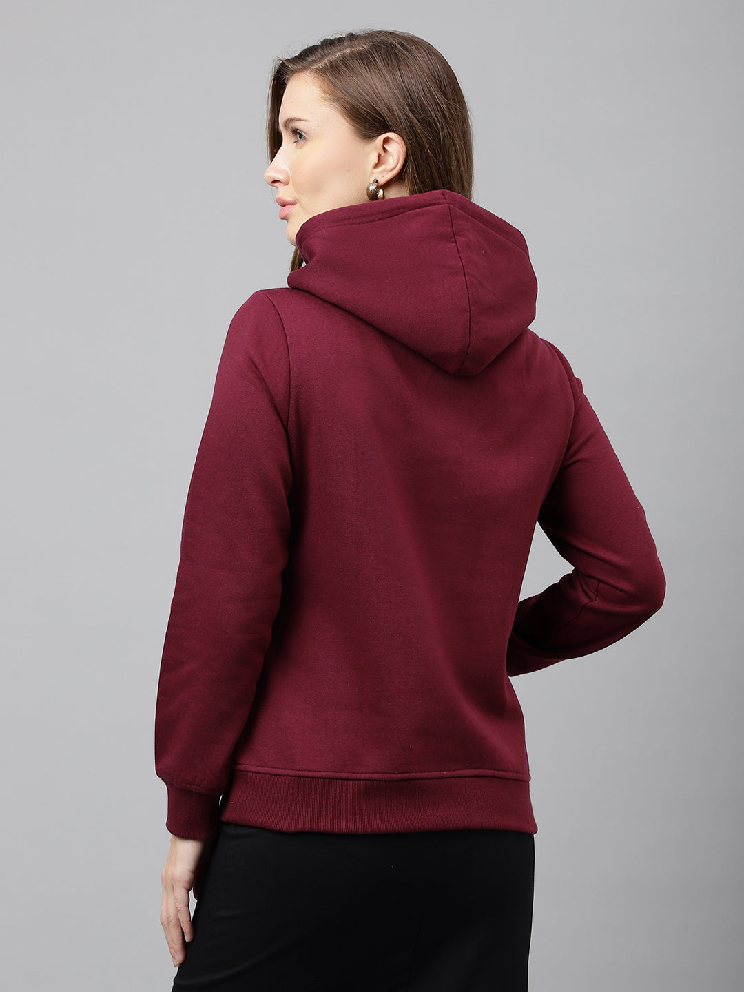 Women Burgundy Solid Button Closure Regular Fit Hooded Sweatshirt