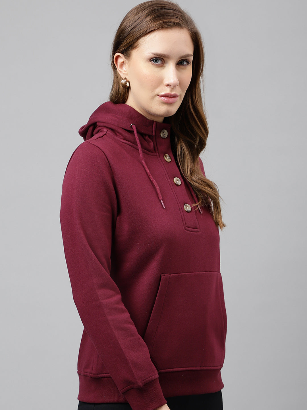 Women Burgundy Solid Button Closure Regular Fit Hooded Sweatshirt