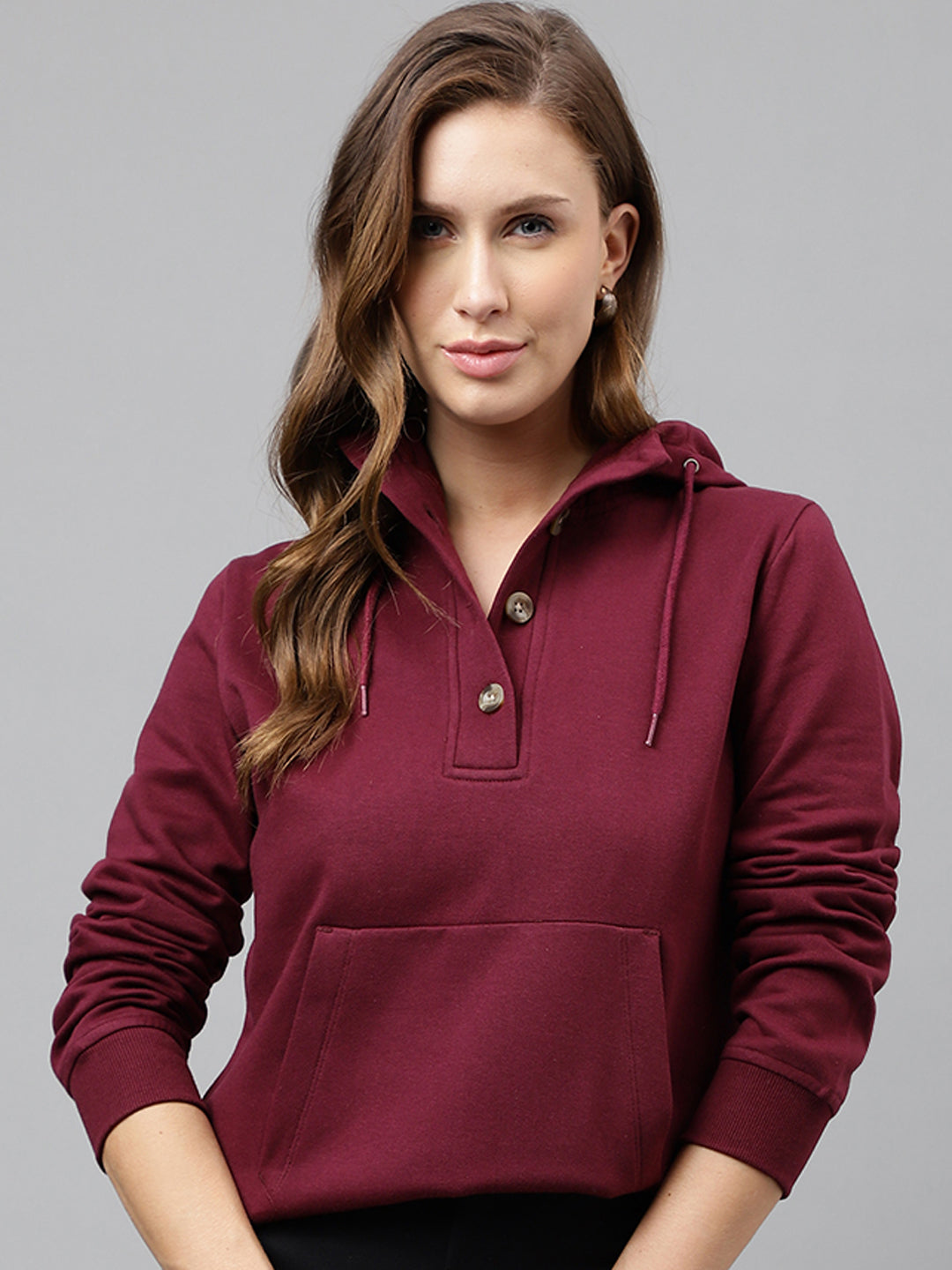 Women Burgundy Solid Button Closure Regular Fit Hooded Sweatshirt