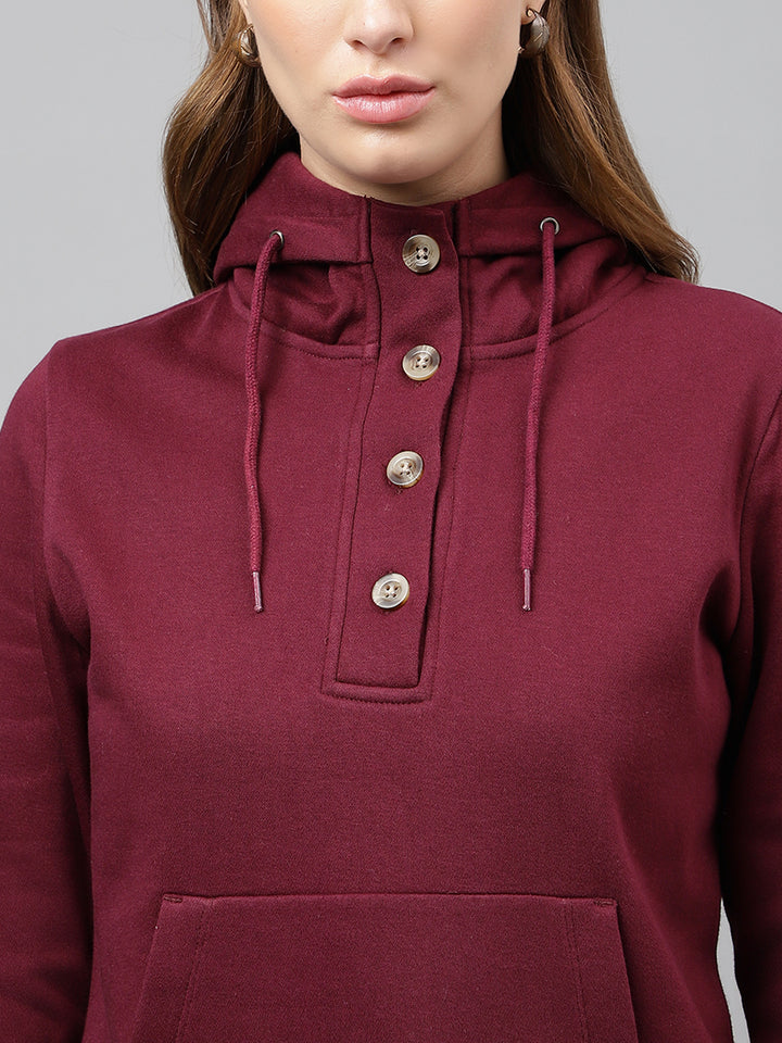 Women Burgundy Solid Button Closure Regular Fit Hooded Sweatshirt