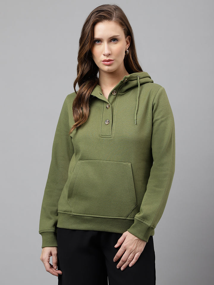 Women Olive Solid Button Closure Regular Fit Hooded Sweatshirt