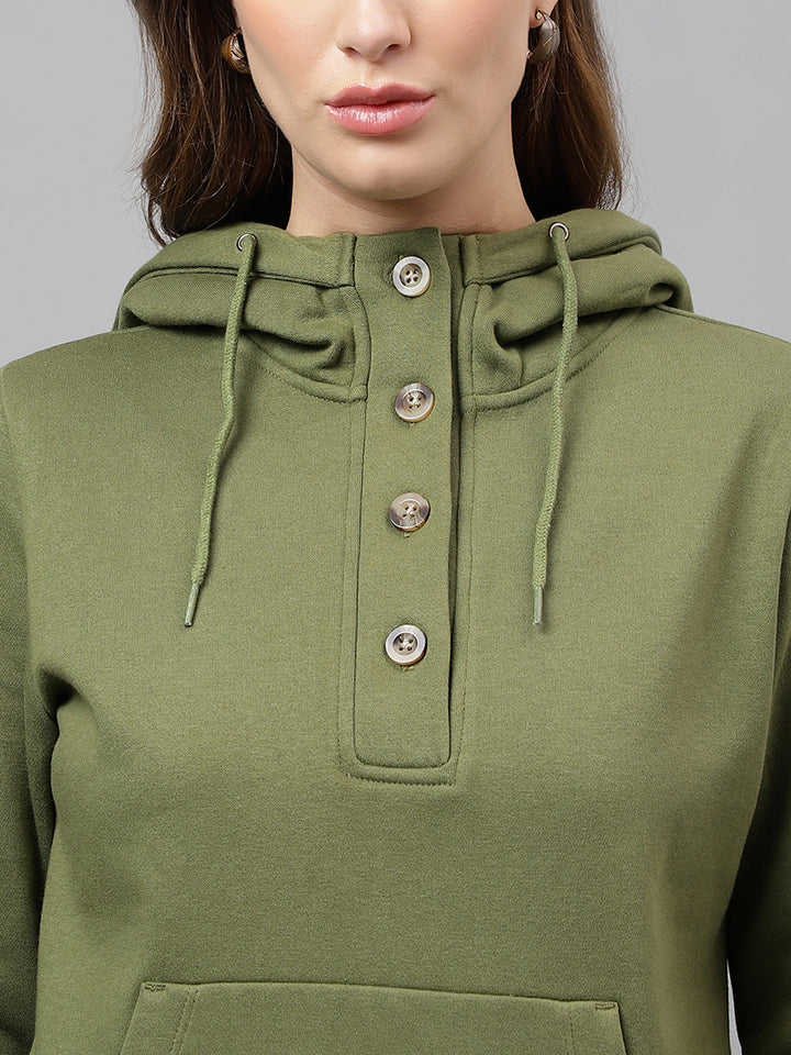 Women Olive Solid Button Closure Regular Fit Hooded Sweatshirt