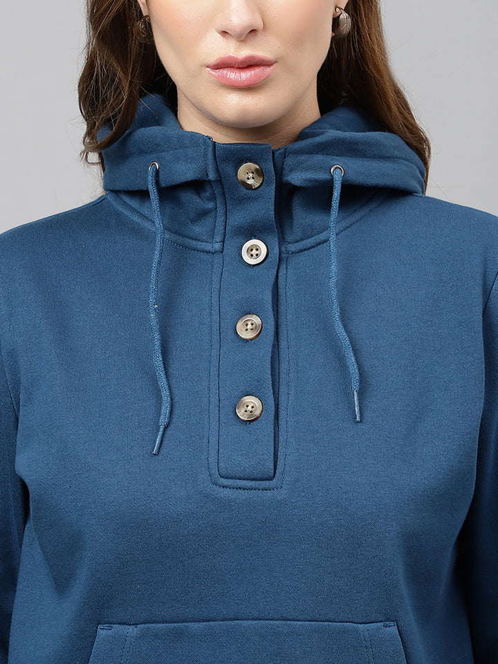 Women Turquoise Solid Button Closure Regular Fit Hooded Sweatshirt