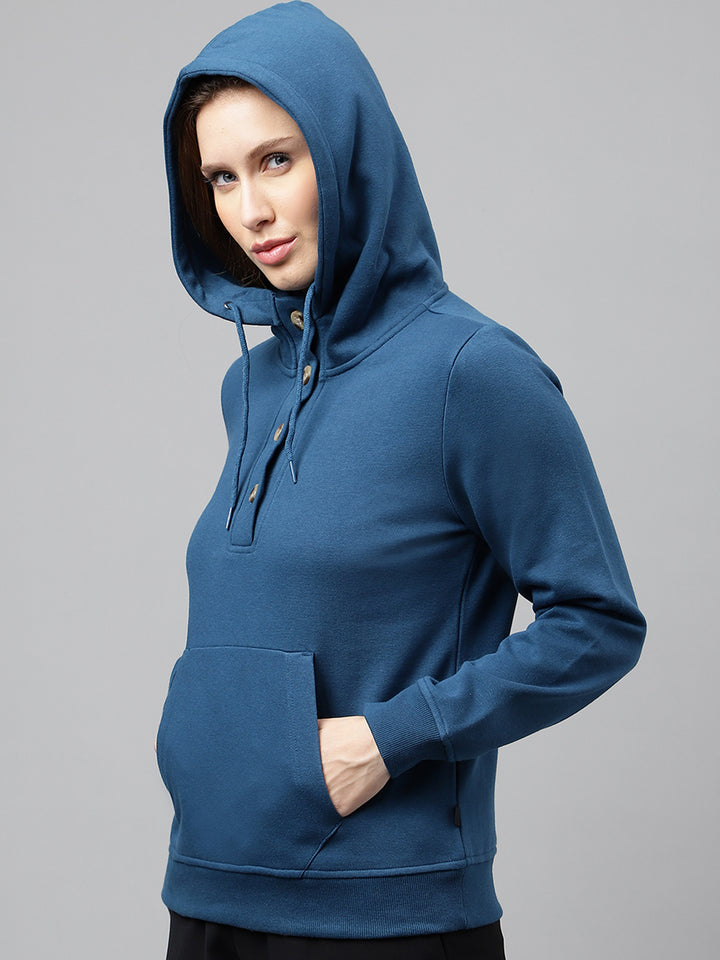 Women Turquoise Solid Button Closure Regular Fit Hooded Sweatshirt