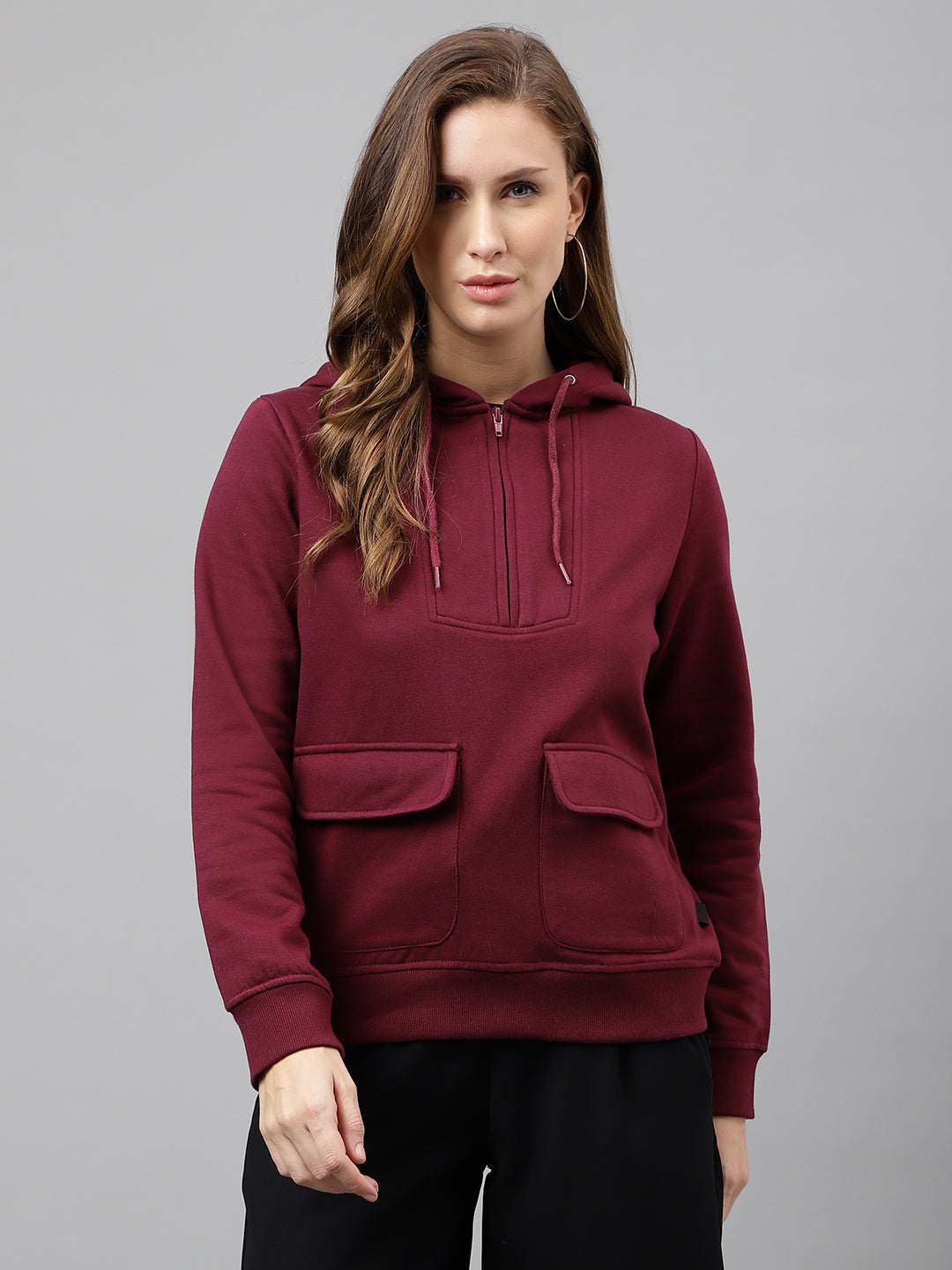 Women Burgundy Solid Half Zipper Regular Fit Hooded Sweatshirt