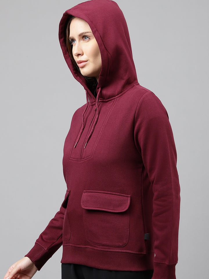 Women Burgundy Solid Half Zipper Regular Fit Hooded Sweatshirt