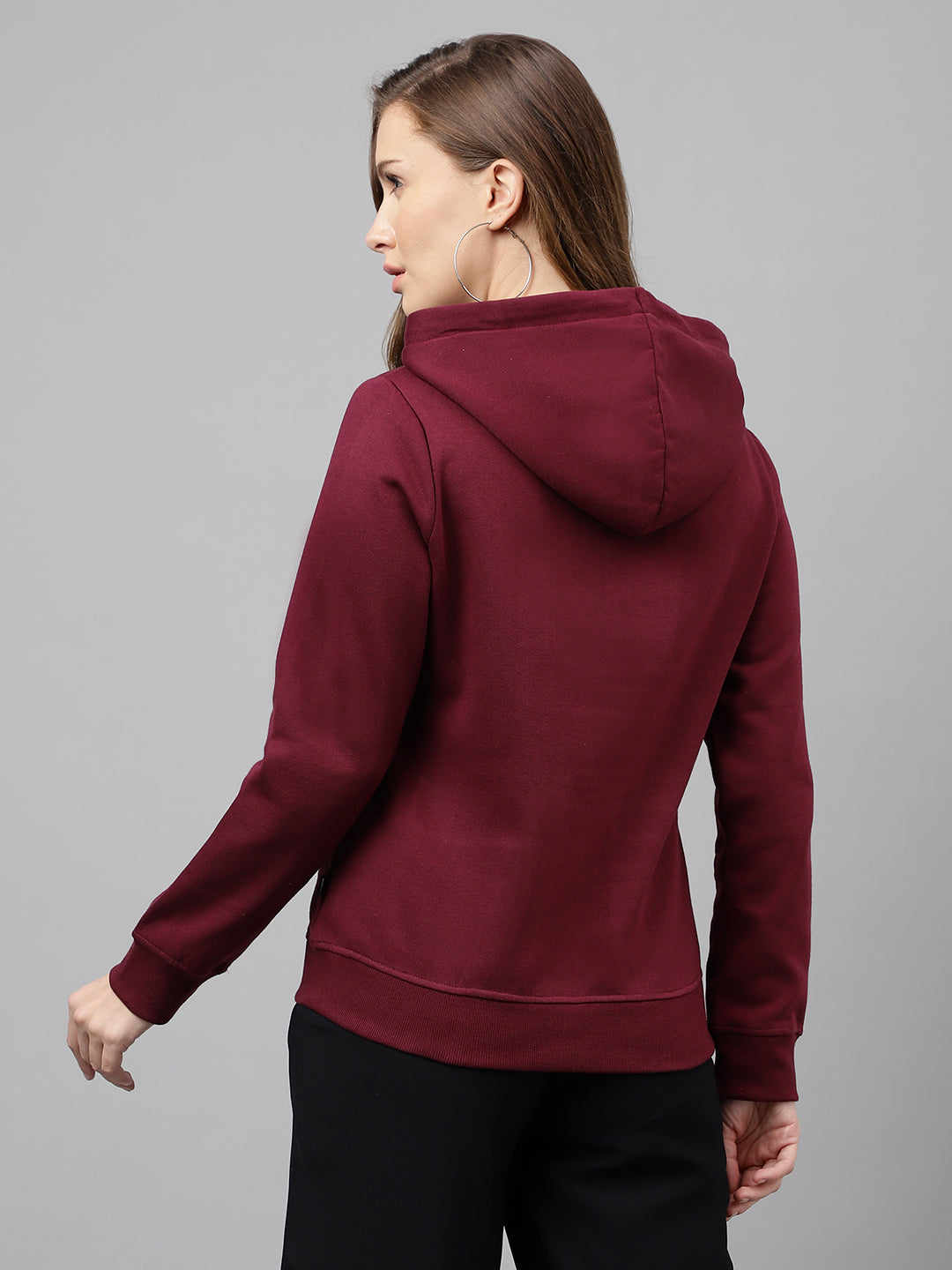 Women Burgundy Solid Half Zipper Regular Fit Hooded Sweatshirt
