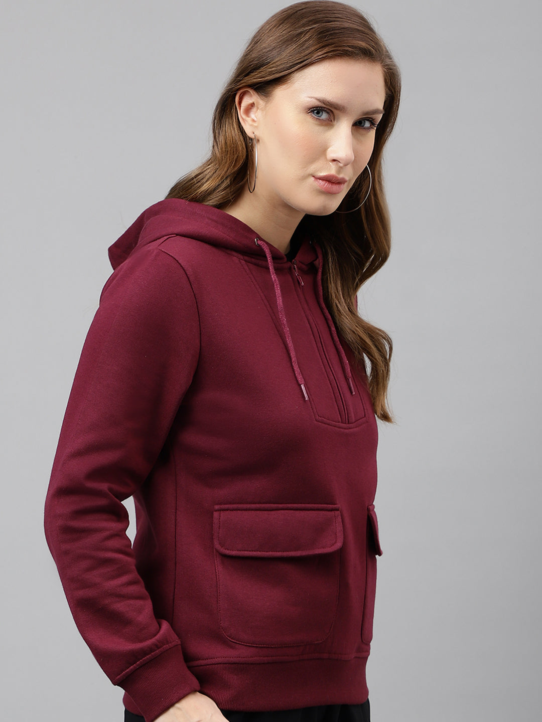 Women Burgundy Solid Half Zipper Regular Fit Hooded Sweatshirt